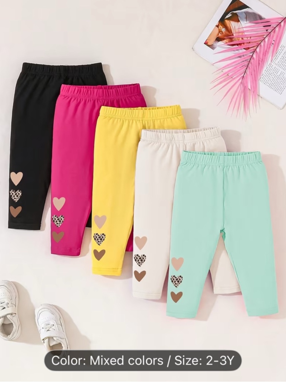 5 PCs set Heart pattern  new Kids Heart Print Stretch Leggings - Mixed Colors